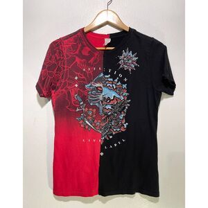 Affliction t shirt color block black red lion skull biker goth women L